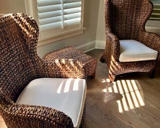 Pottery Barn seagrass wing back chairs & one foot stool