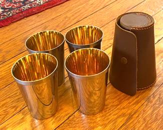 Beretta stainless/gold wash stirrup cups in leather case
