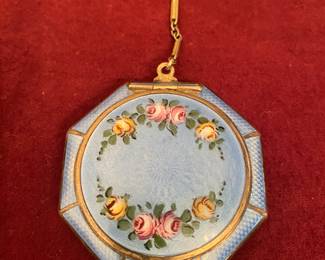 Antique guilloche ladies compact with chatelaine chain