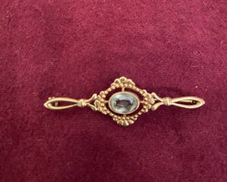 14kt antique brooch with blue topaz or aquamarine 