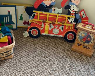 IVntage blocks, firemen and fisher price clock 