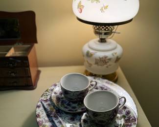 Butterfly lamp, Violets plates and teacups 