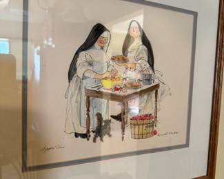 Very Cute Nuns making apple pies, signed lower right 
