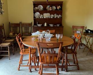 overview also showing four pressed back oak chairs with caned seats 