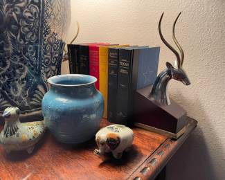 Mexican figures, hand made pot and great antelope book ends