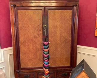 Wood entertainment cabinet with cane door detail, more chickens and bird wind chime