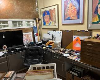 Original water color by local artist, TV, office chair, office supplies and a wonderful hand made wood document drawers piece