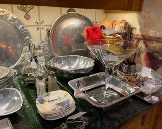 More aluminum pieces by Nambe, cruet set, large martini glass, wine boxes and wine bottle bags
