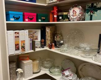 Storage boxes, recipe binders, vintage glass