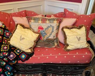 French style love seat with seven matching cushions, hand made rooster cushions