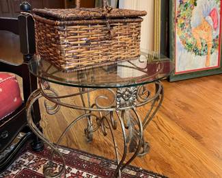 Metal and glass accent table, picnic basket