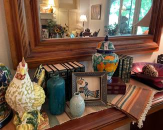 Great books, Mexican framed tile, hand made vases, table textiles