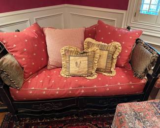 A second matching French style love seat with six  matching cushions. Hand made rooster cushions