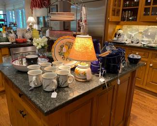 Ceramic accent lamp, mugs, royal blue soup cups