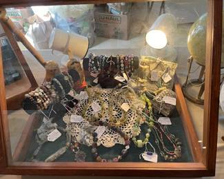 More hand made and designer jewelry pieces, vintage music box, vintage purses
