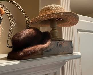 Vintage mink hat, and straw hat from Australia 