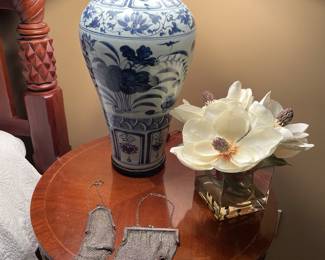 Asian ceramic lamps (pair available), Baker side table, and antique purses