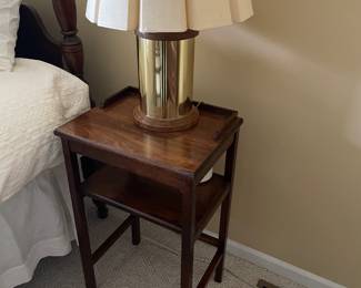 two-tier side table and brass lamp