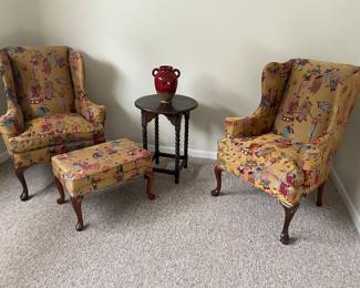 Wing-back chairs and ottoman, and side table with turned legs