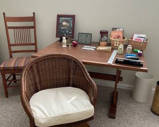 Tressel table, wicker office chair, office essentials and side chair