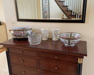 Eight drawer dresser, Asian planters, and crystal bowls