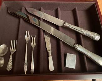 Miscellaneous sterling silver serving pieces, baby spoon/fork, and matchbox cover 