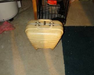 Vintage bowling ball and case, small dog crate as well
