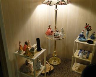 Plastic shelving units, stained glass floor lamp, and lots of collectible items too