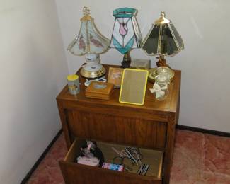 Nice solid wood nightstand or end table.  And small table top lamps