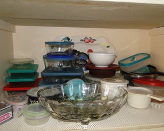 Glass and plastic storage containers, along with a very nice glass fruit bowl