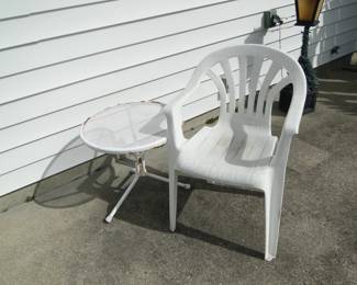 Round outdoor table would make a good project piece, and plastic chair too