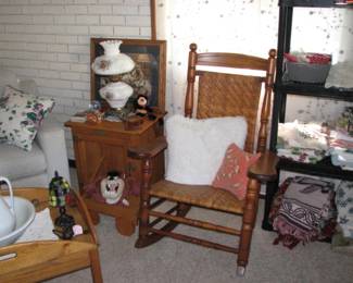rocking chair, vintage lamp and a solid wood end table