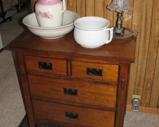 small solid wood cabinet, pitcher and bowl and a chamber pot