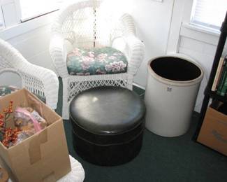 15 gallon crock with no cracks, wicker chair and a vintage padded footstool