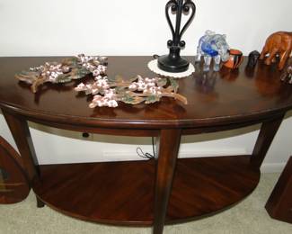 Nice 1/2 round sofa or entry table, with some very nice vintage decorative items