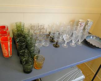 Vintage glasses, and barware, and nice pie plate too