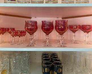 Mid- Century Modern barware - Vintage cranberry glass goblets 