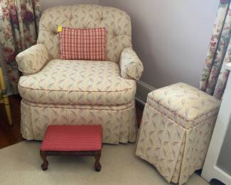 Upholstered lounge chair & matching stool & antique footstool