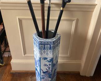 Blue & white umbrella stand & cane collection