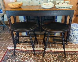Custom made counter height table & 2 saddle stools