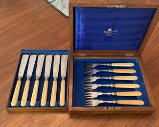 Antique fish forks & knives set in wood box