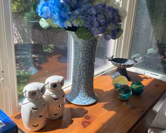 XL vintage blue & white vase & Brush McCoy pottery owl lanterns