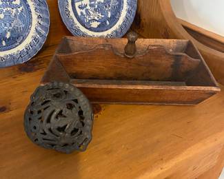 Antique wood caddy & cast iron string holder
