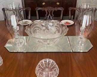 Antique pattern glass punch bowl w/13 cups - Pair crystal candlesticks w/hurricane shades - Waterford bowl