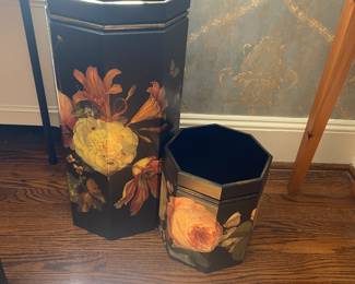 Decoupaged umbrella stand & waste can