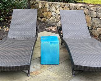 (4) Wicker Adjustable Lounge Chairs & (2) Aqua Garden Stools