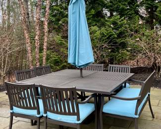 Cast Aluminum Patio Table, Umbrella, 6 Armchairs & Bench with Sunbrella Cushions