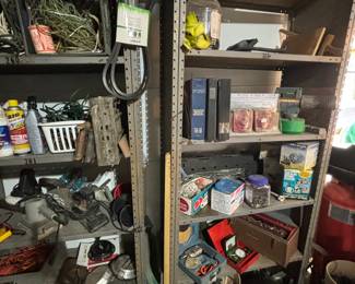 Metal shelving, tools, bungie cords