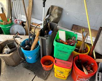 Buckets of hand tools, garden equipment