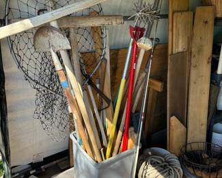 Garden tools, fishing nets, rope, fire extinguisher